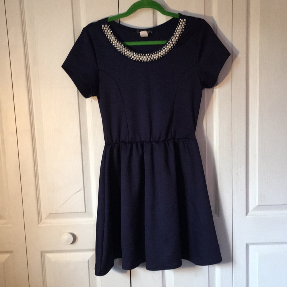 Navy blue dress with beaded neckline